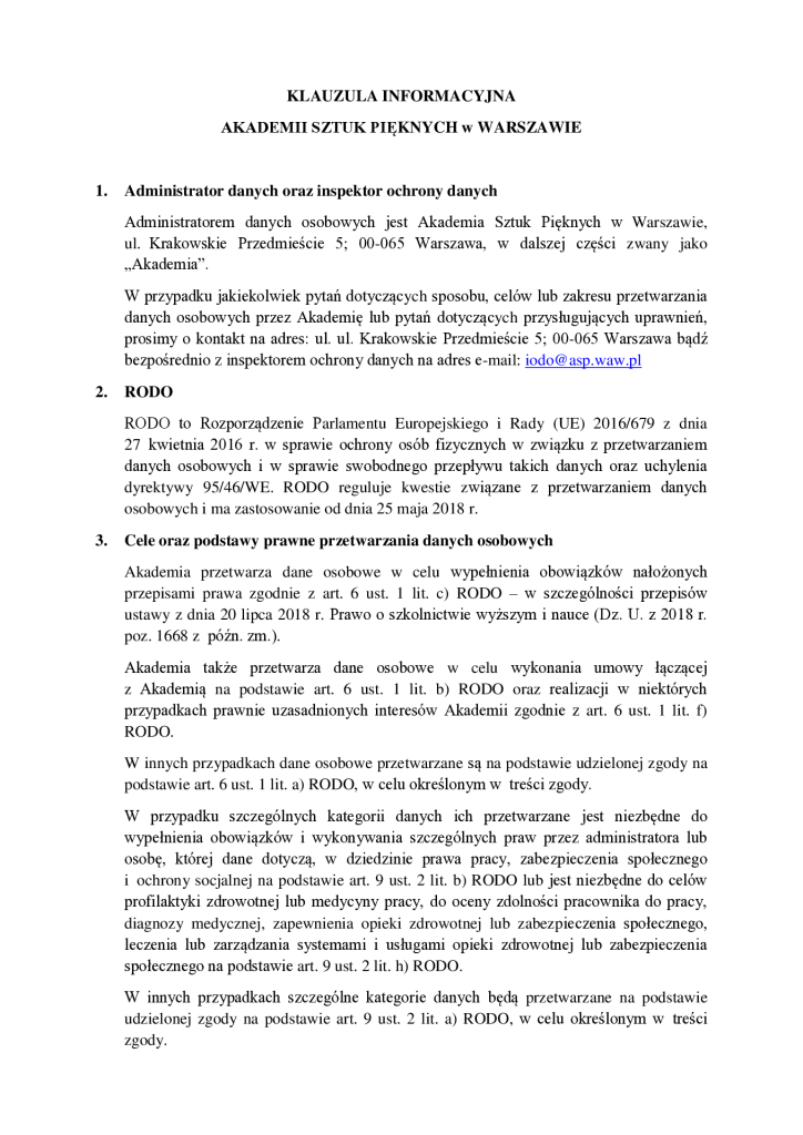 Ogólna klauzula informacyjna ASP w Warszawie